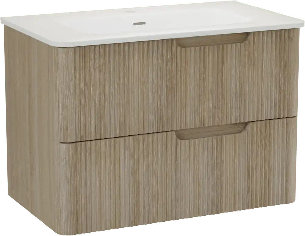 Linie Curvo meuble salle de bains suspendu 80 x 46 cm chêne clair avec Baro Curvo plan simple en porcelaine blanc brillant, Nervure circulaire symétrique verticale