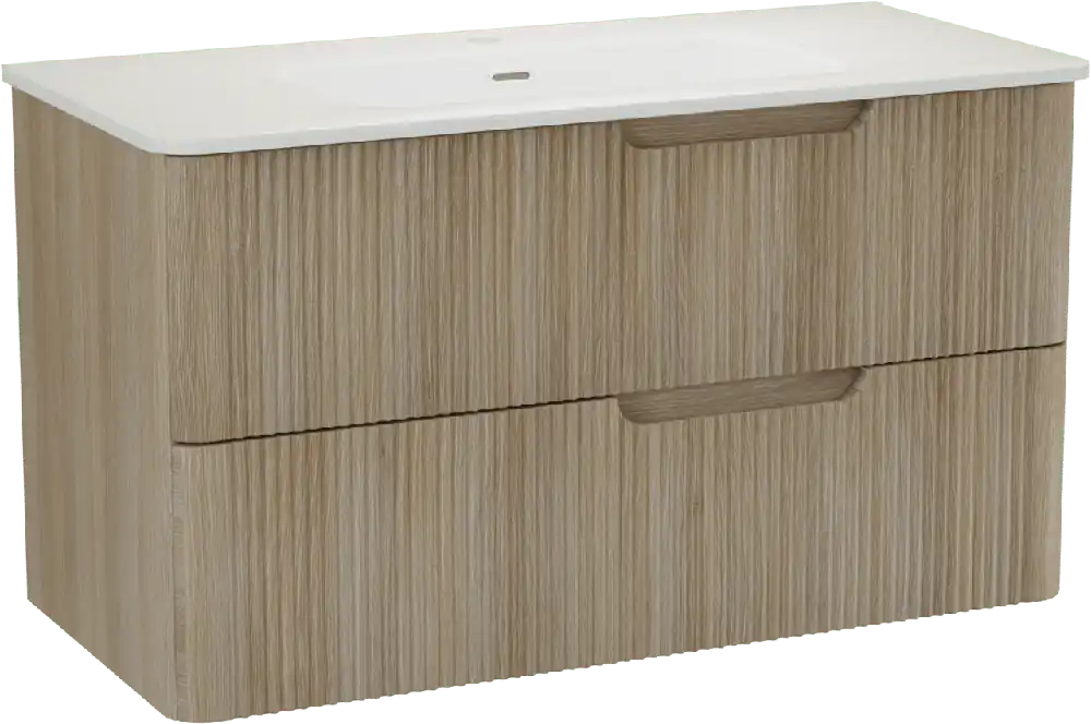 Linie Curvo meuble salle de bains suspendu 100 x 46 cm chêne clair avec Baro Curvo plan simple en porcelaine blanc brillant, Nervure circulaire symétrique verticale