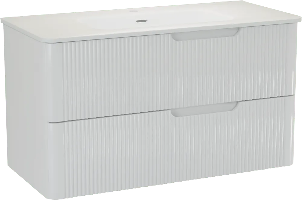 Linie Curvo meuble salle de bains suspendu 100 x 46 cm blanc brillant avec Baro Curvo plan simple en porcelaine blanc brillant, Nervure circulaire symétrique verticale