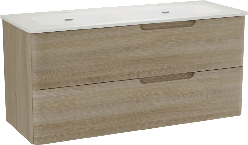 Linie Curvo meuble salle de bains suspendu 120 x 46 cm chêne clair avec Baro Curvo double vasque en porcelaine blanc brillant
