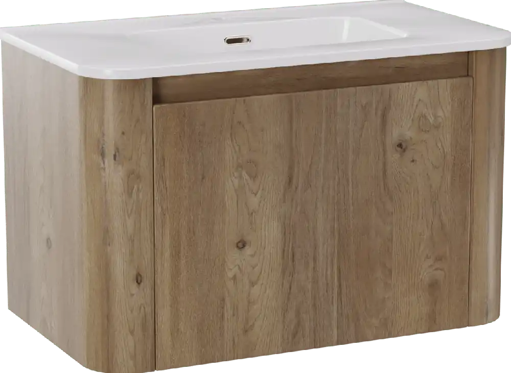 Storke Soft meuble salle de bains suspendu 80 x 46 cm chêne brut avec Kera Soft plan simple en porcelaine blanc brillant