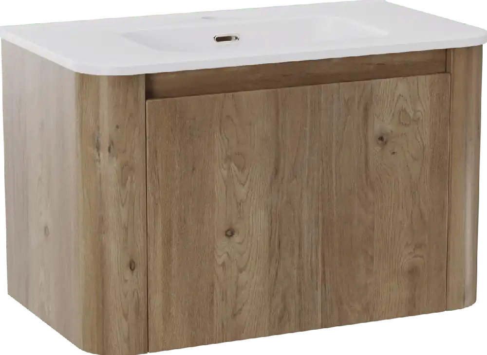 Storke Soft meuble salle de bains suspendu 80 x 46 cm chêne brut avec Kera Soft plan simple en porcelaine blanc mat