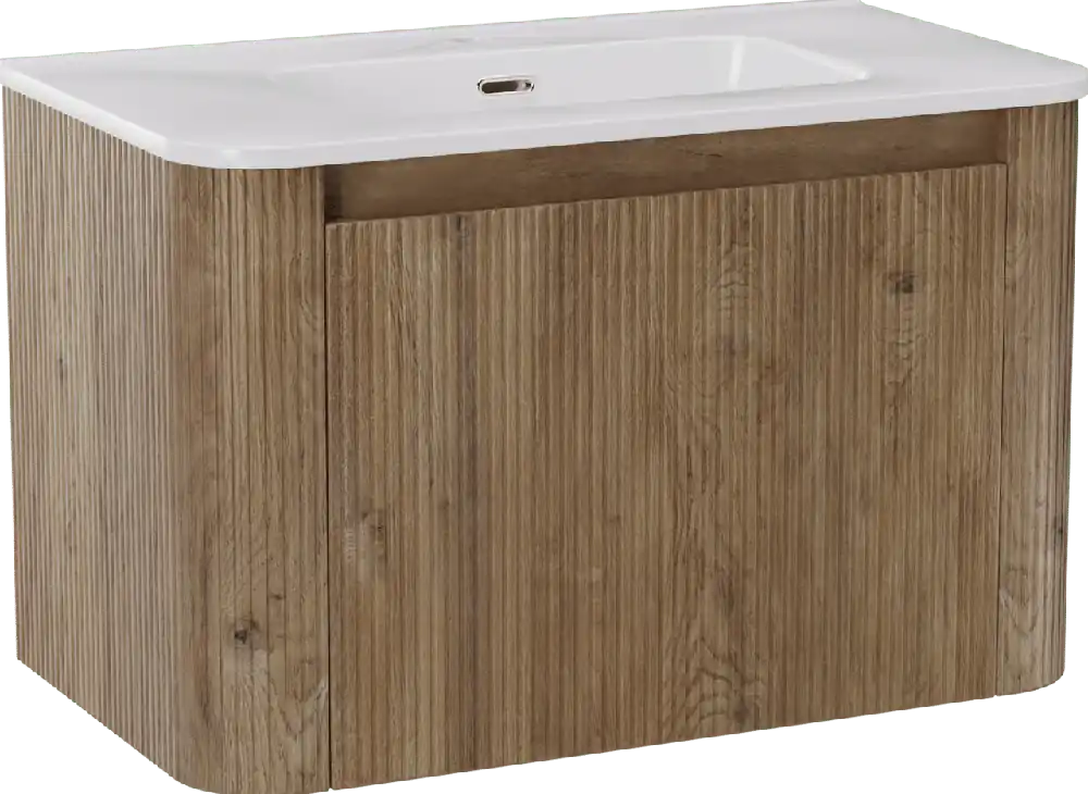 Storke Soft meuble salle de bains suspendu 80 x 46 cm chêne brut avec Kera Soft plan simple en porcelaine blanc brillant, Nervure droite symétrique verticale