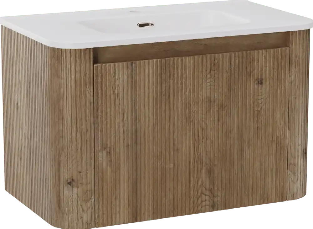 Storke Soft meuble salle de bains suspendu 80 x 46 cm chêne brut avec Kera Soft plan simple en porcelaine blanc mat, Nervure droite symétrique verticale