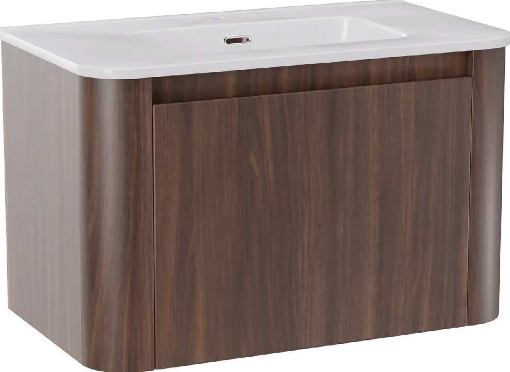 Storke Soft meuble salle de bains suspendu 80 x 46 cm noyer avec Kera Soft plan simple en porcelaine blanc brillant