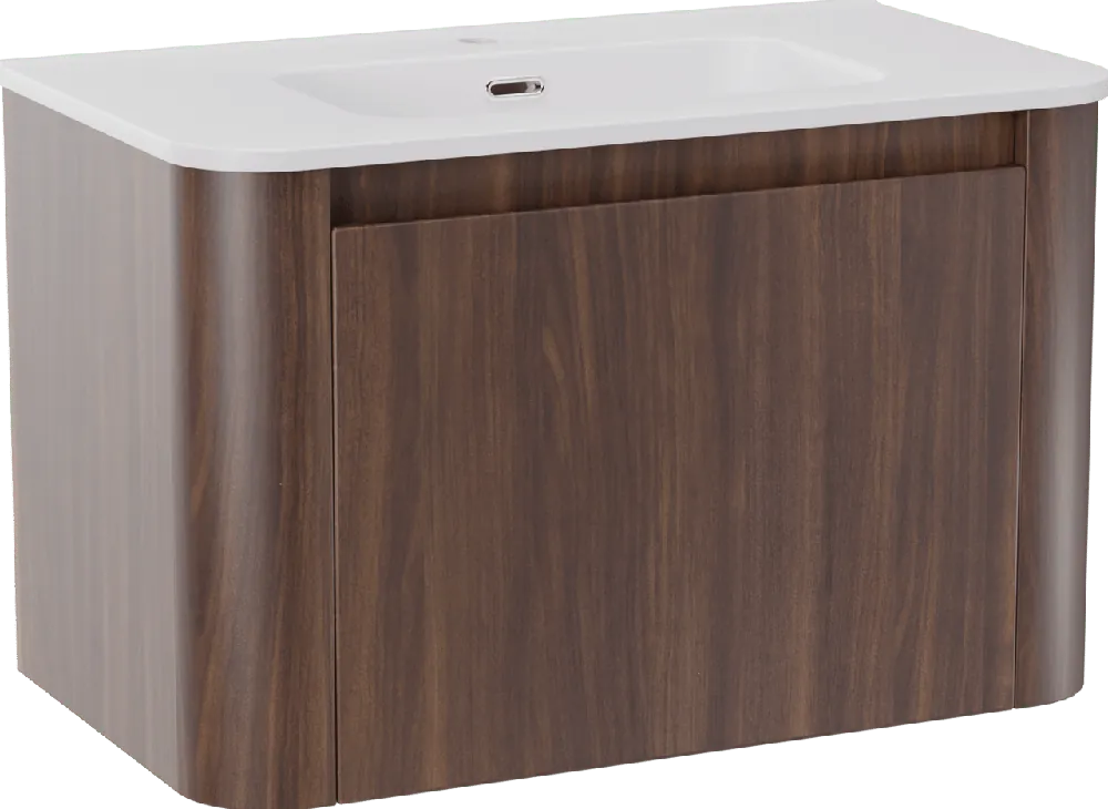 Storke Soft meuble salle de bains suspendu 80 x 46 cm noyer avec Kera Soft plan simple en porcelaine blanc mat