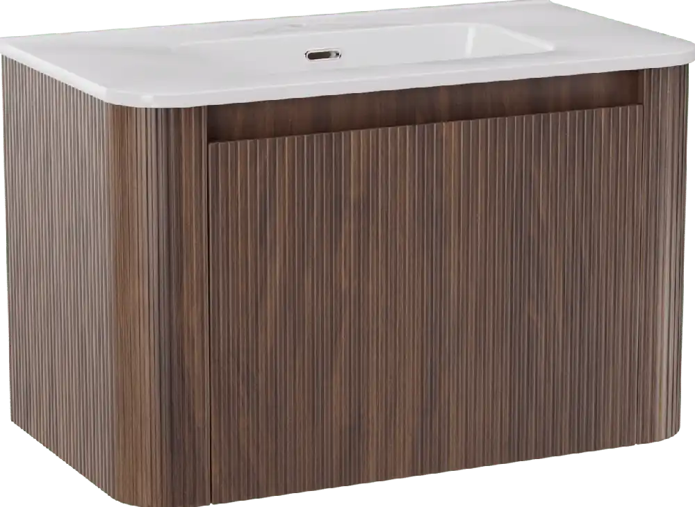 Storke Soft meuble salle de bains suspendu 80 x 46 cm noyer avec Kera Soft plan simple en porcelaine blanc brillant, Nervure droite symétrique verticale