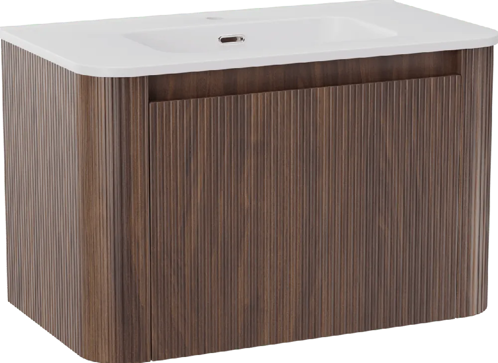 Storke Soft meuble salle de bains suspendu 80 x 46 cm noyer avec Kera Soft plan simple en porcelaine blanc mat, Nervure droite symétrique verticale