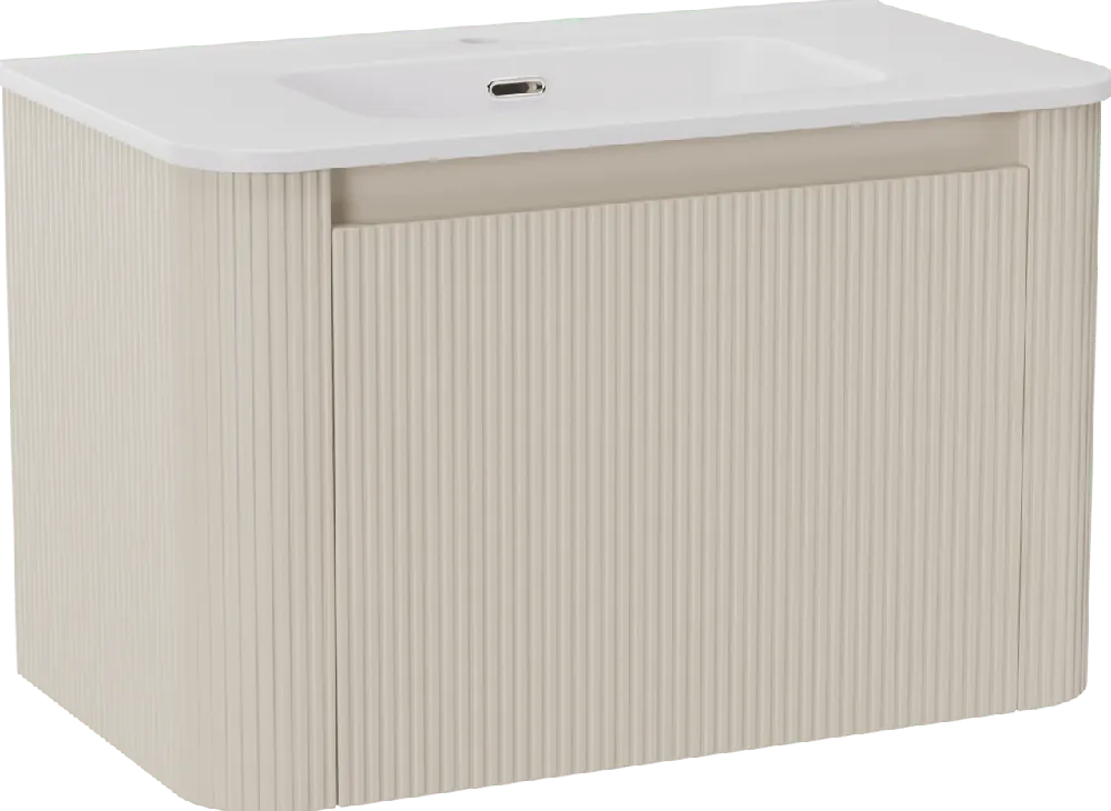 Storke Soft meuble salle de bains suspendu 80 x 46 cm Sand mat avec Kera Soft plan simple en porcelaine blanc mat, Nervure droite symétrique verticale