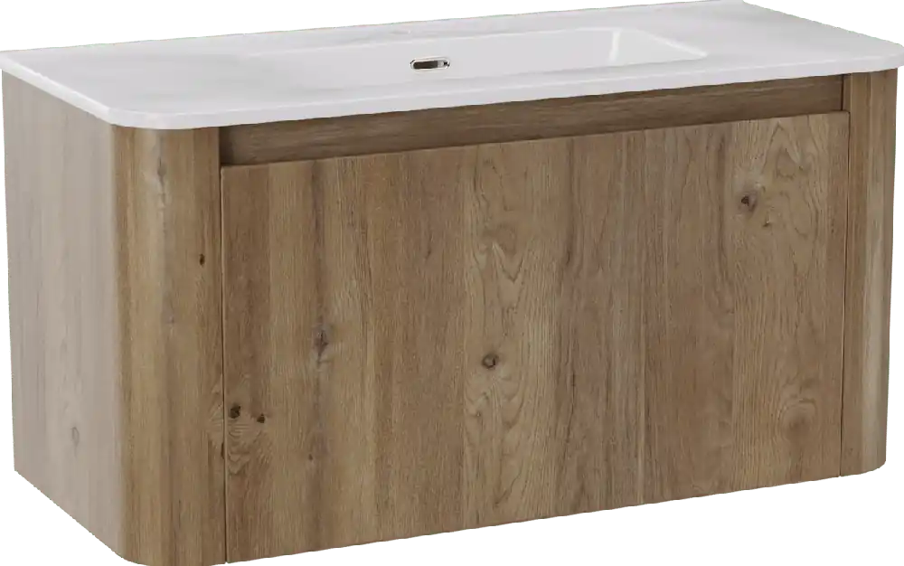 Storke Soft meuble salle de bains suspendu 100 x 46 cm chêne brut avec Kera Soft plan simple en porcelaine blanc brillant