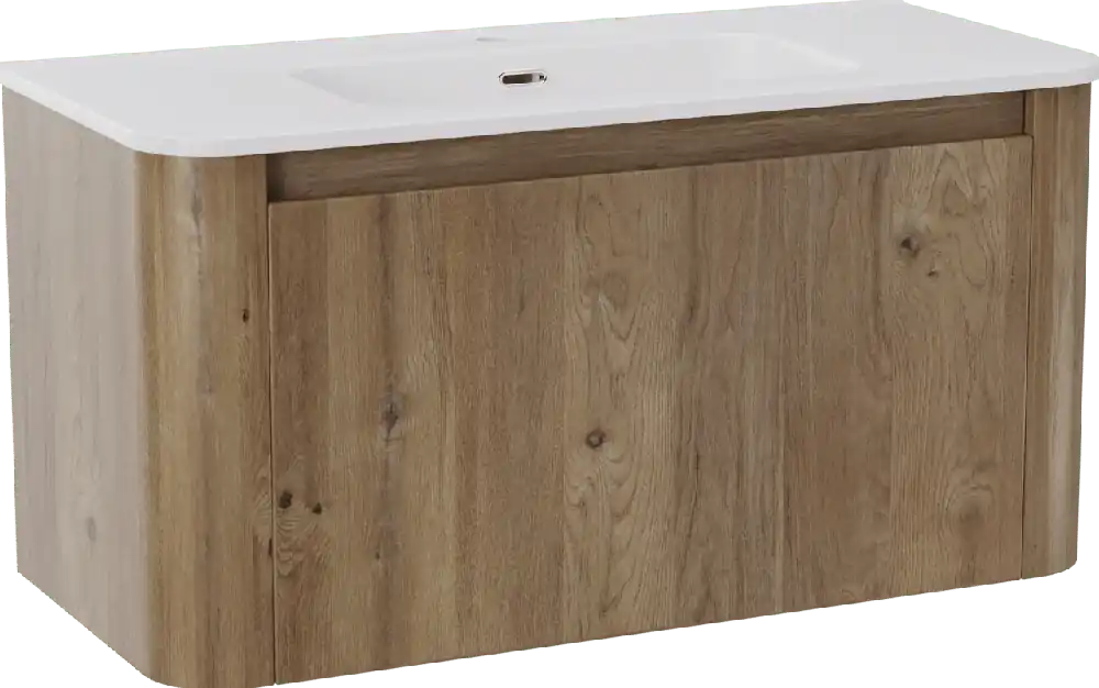 Storke Soft meuble salle de bains suspendu 100 x 46 cm chêne brut avec Kera Soft plan simple en porcelaine blanc mat