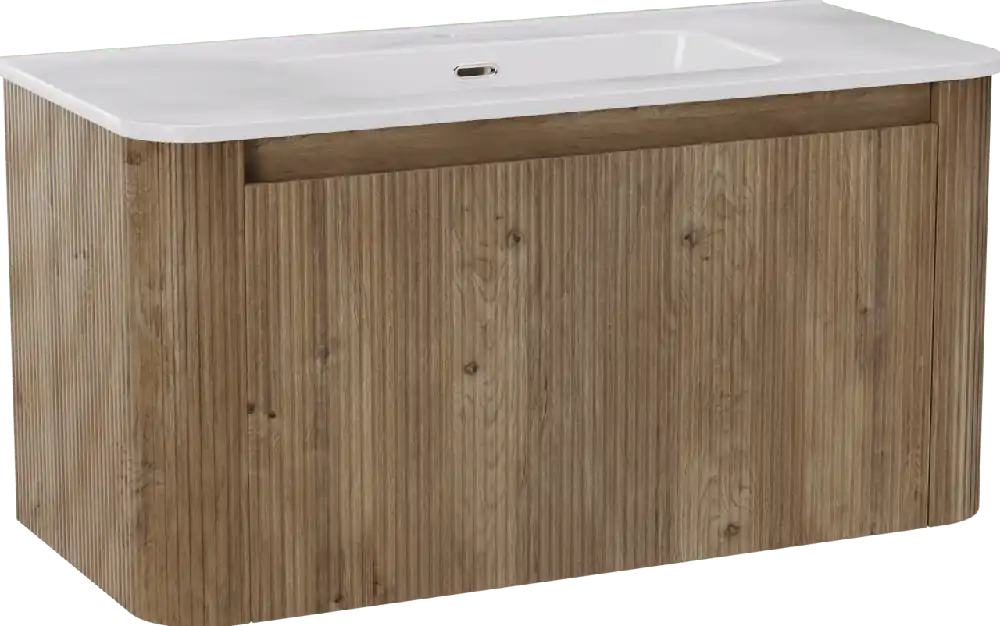 Storke Soft meuble salle de bains suspendu 100 x 46 cm chêne brut avec Kera Soft plan simple en porcelaine blanc brillant, Nervure droite symétrique verticale