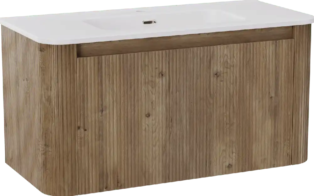 Storke Soft meuble salle de bains suspendu 100 x 46 cm chêne brut avec Kera Soft plan simple en porcelaine blanc mat, Nervure droite symétrique verticale