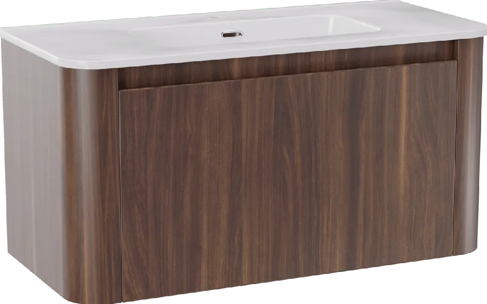 Storke Soft meuble salle de bains suspendu 100 x 46 cm noyer avec Kera Soft plan simple en porcelaine blanc brillant