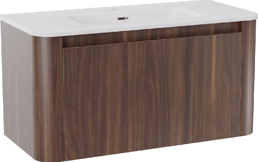 Storke Soft meuble salle de bains suspendu 100 x 46 cm noyer avec Kera Soft plan simple en porcelaine blanc mat