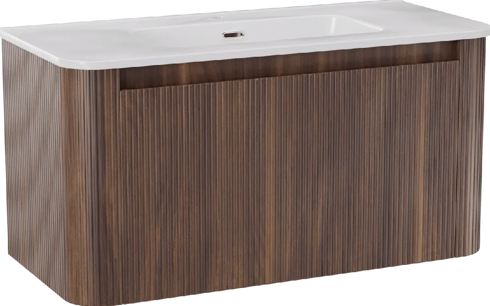 Storke Soft meuble salle de bains suspendu 100 x 46 cm noyer avec Kera Soft plan simple en porcelaine blanc brillant, Nervure droite symétrique verticale