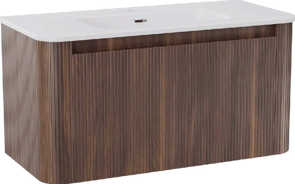 Storke Soft meuble salle de bains suspendu 100 x 46 cm noyer avec Kera Soft plan simple en porcelaine blanc mat, Nervure droite symétrique verticale
