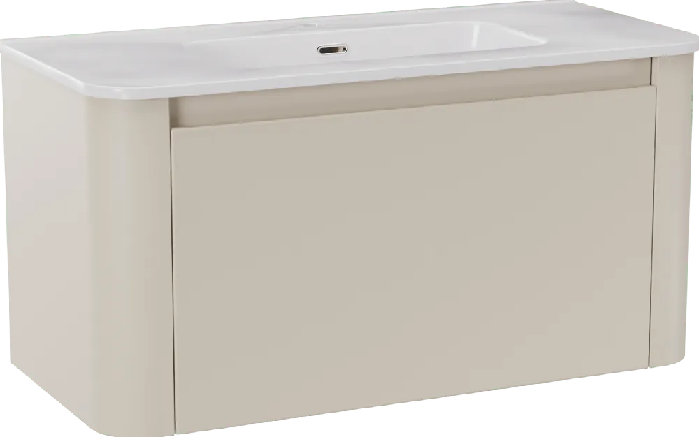Storke Soft meuble salle de bains suspendu 100 x 46 cm Sand mat avec Kera Soft plan simple en porcelaine blanc brillant