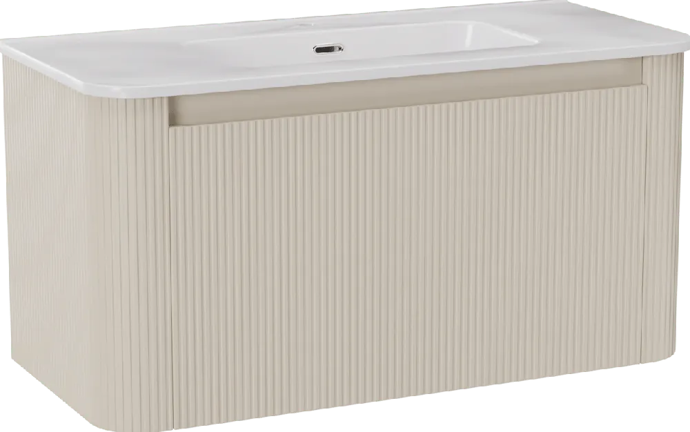Storke Soft meuble salle de bains suspendu 100 x 46 cm Sand mat avec Kera Soft plan simple en porcelaine blanc brillant, Nervure droite symétrique verticale