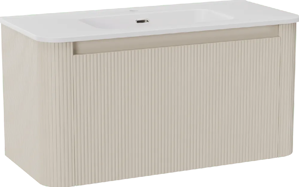 Storke Soft meuble salle de bains suspendu 100 x 46 cm Sand mat avec Kera Soft plan simple en porcelaine blanc mat, Nervure droite symétrique verticale
