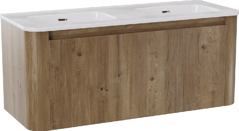 Storke Soft meuble salle de bains suspendu 120 x 46 cm chêne brut avec Kera Soft double vasque en porcelaine blanc brillant