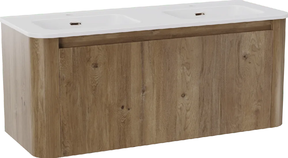 Storke Soft meuble salle de bains suspendu 120 x 46 cm chêne brut avec Kera Soft double vasque en porcelaine blanc mat