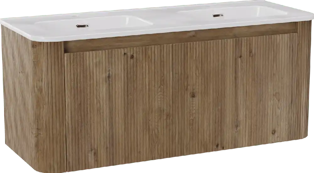 Storke Soft meuble salle de bains suspendu 120 x 46 cm chêne brut avec Kera Soft double vasque en porcelaine blanc brillant, Nervure droite symétrique verticale