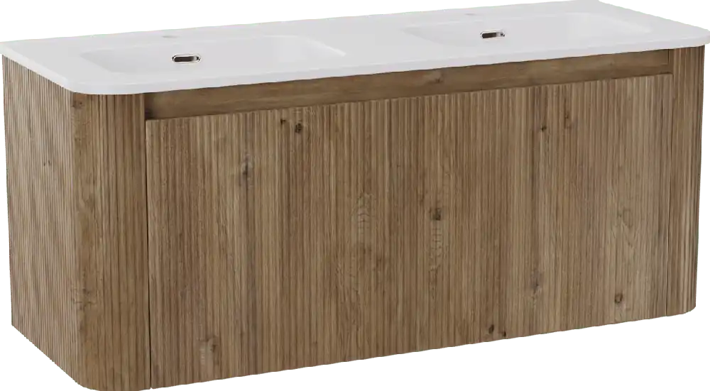 Storke Soft meuble salle de bains suspendu 120 x 46 cm chêne brut avec Kera Soft double vasque en porcelaine blanc mat, Nervure droite symétrique verticale