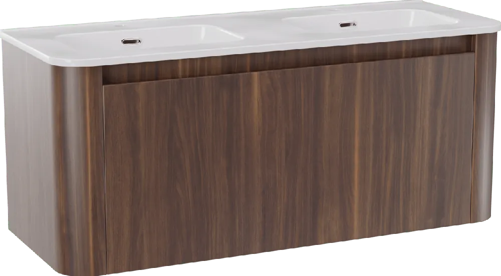 Storke Soft meuble salle de bains suspendu 120 x 46 cm noyer avec Kera Soft double vasque en porcelaine blanc brillant