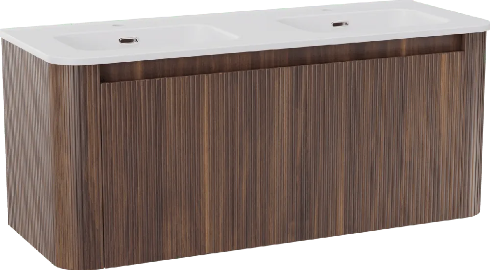 Storke Soft meuble salle de bains suspendu 120 x 46 cm noyer avec Kera Soft double vasque en porcelaine blanc mat, Nervure droite symétrique verticale