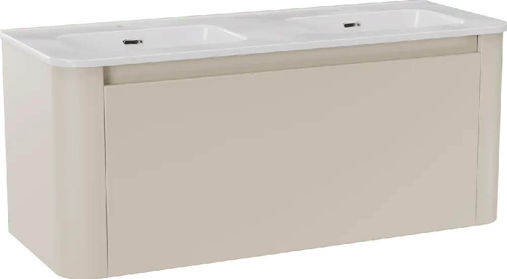 Storke Soft meuble salle de bains suspendu 120 x 46 cm Sand mat avec Kera Soft double vasque en porcelaine blanc brillant