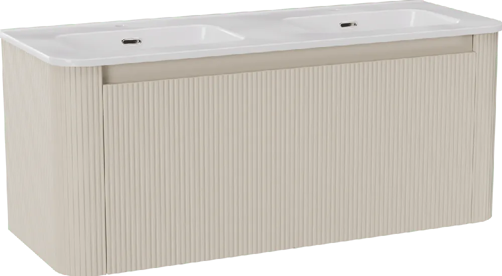 Storke Soft meuble salle de bains suspendu 120 x 46 cm Sand mat avec Kera Soft double vasque en porcelaine blanc brillant, Nervure droite symétrique verticale