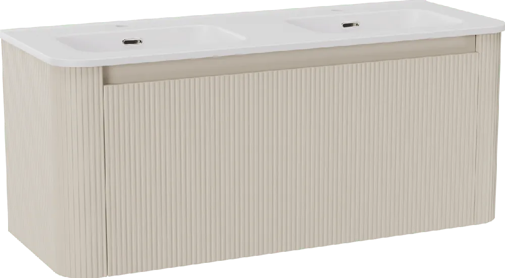 Storke Soft meuble salle de bains suspendu 120 x 46 cm Sand mat avec Kera Soft double vasque en porcelaine blanc mat, Nervure droite symétrique verticale