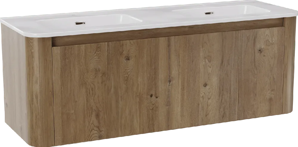 Storke Soft meuble salle de bains suspendu 140 x 46 cm chêne brut avec Kera Soft double vasque en porcelaine blanc brillant