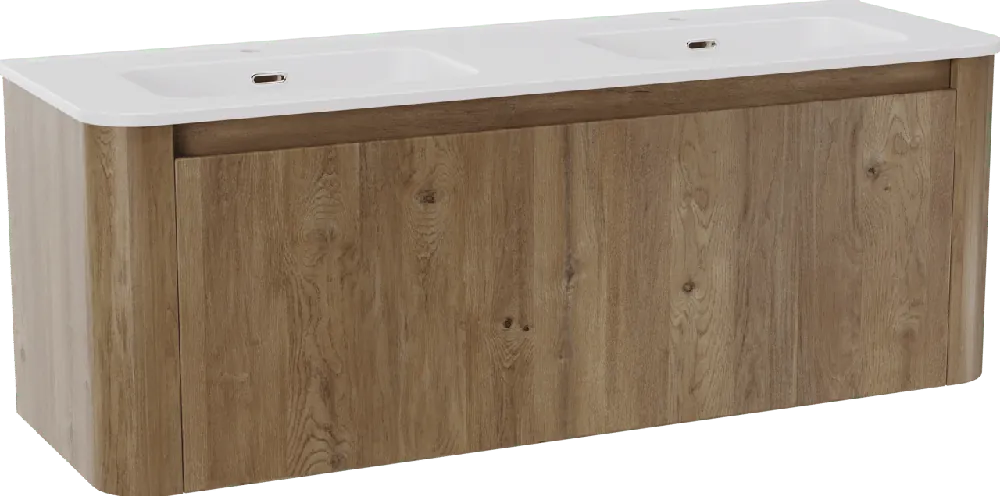 Storke Soft meuble salle de bains suspendu 140 x 46 cm chêne brut avec Kera Soft double vasque en porcelaine blanc mat