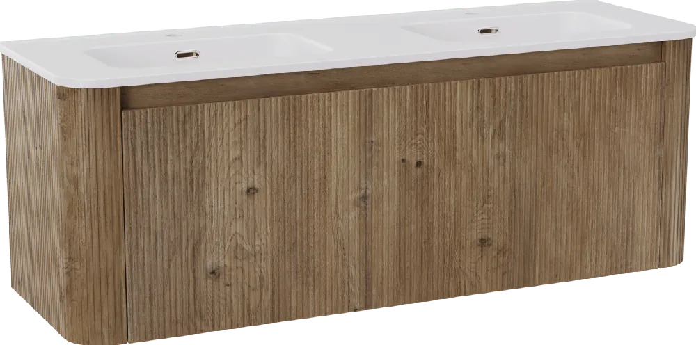 Storke Soft meuble salle de bains suspendu 140 x 46 cm chêne brut avec Kera Soft double vasque en porcelaine blanc mat, Nervure droite symétrique verticale