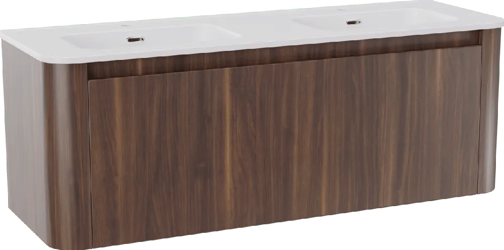 Storke Soft meuble salle de bains suspendu 140 x 46 cm noyer avec Kera Soft double vasque en porcelaine blanc mat