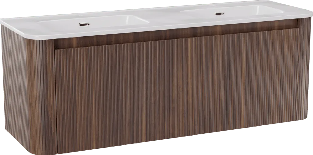 Storke Soft meuble salle de bains suspendu 140 x 46 cm noyer avec Kera Soft double vasque en porcelaine blanc brillant, Nervure droite symétrique verticale