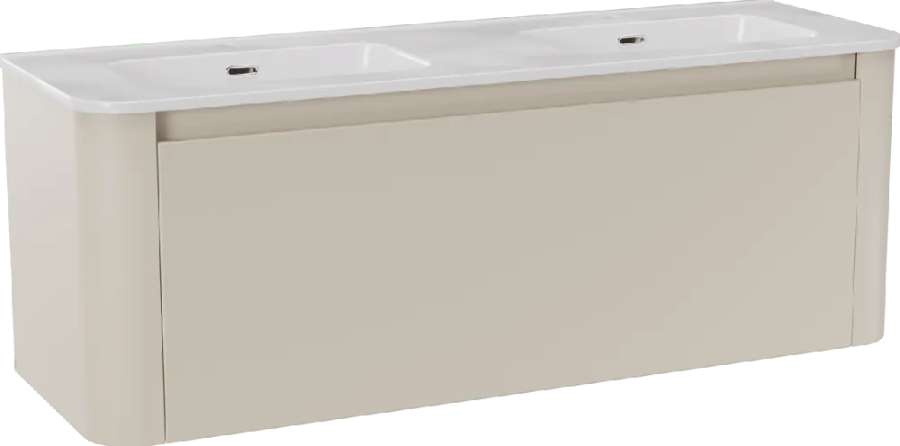 Storke Soft meuble salle de bains suspendu 140 x 46 cm Sand mat avec Kera Soft double vasque en porcelaine blanc brillant