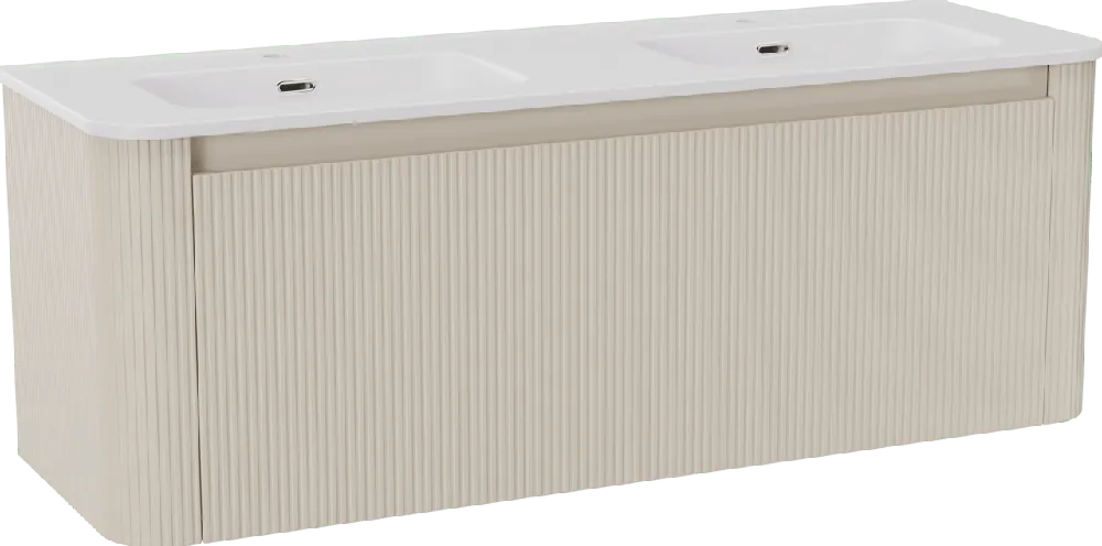 Storke Soft meuble salle de bains suspendu 140 x 46 cm Sand mat avec Kera Soft double vasque en porcelaine blanc mat, Nervure droite symétrique verticale