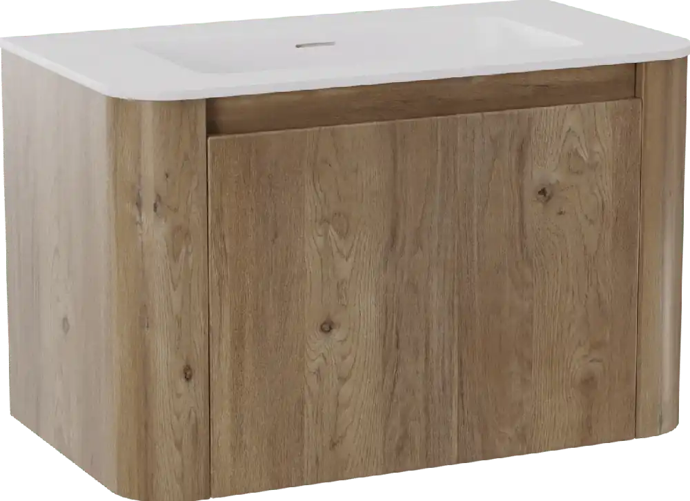 Storke Soft meuble salle de bains suspendu 80 x 46 cm chêne brut avec Mata Soft plan simple en Solid Surface blanc mat