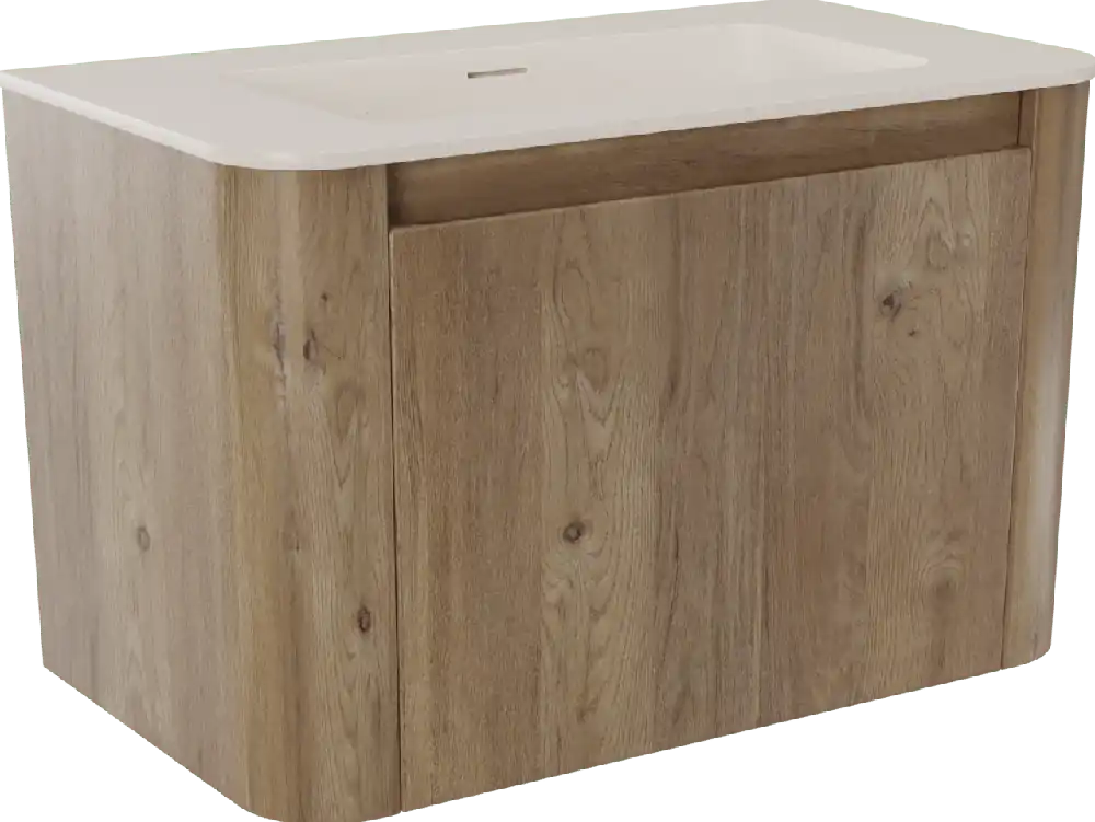 Storke Soft meuble salle de bains suspendu 80 x 46 cm chêne brut avec Mata Soft plan simple en Solid Surface beige granite