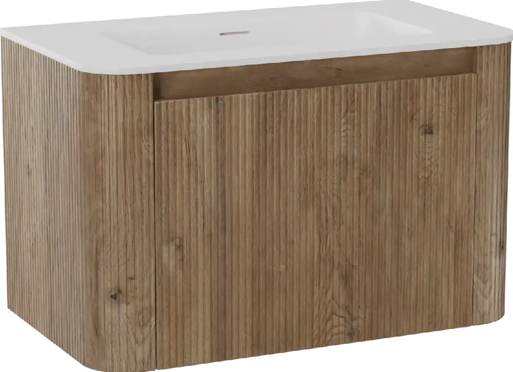 Storke Soft meuble salle de bains suspendu 80 x 46 cm chêne brut avec Mata Soft plan simple en Solid Surface blanc mat, Nervure droite symétrique verticale