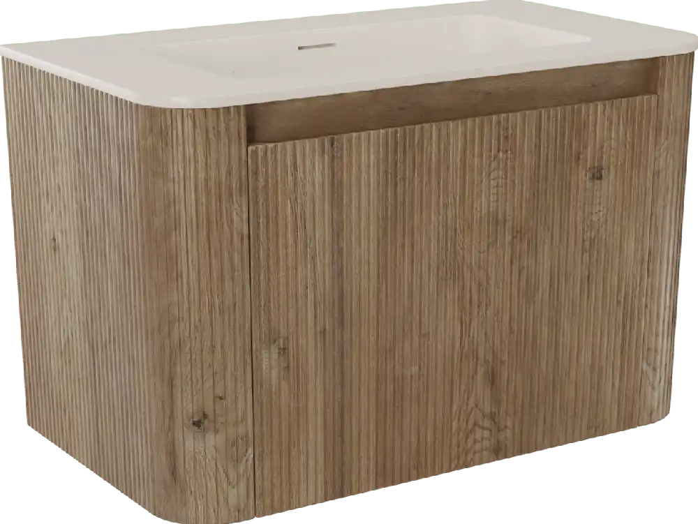 Storke Soft meuble salle de bains suspendu 80 x 46 cm chêne brut avec Mata Soft plan simple en Solid Surface beige granite, Nervure droite symétrique verticale
