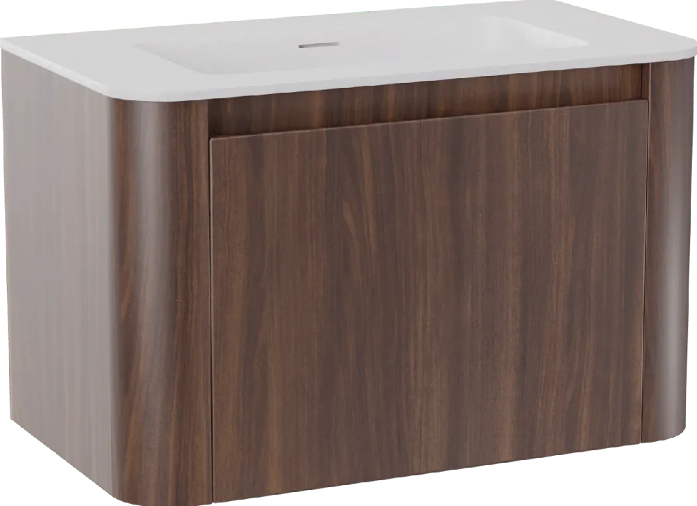 Storke Soft meuble salle de bains suspendu 80 x 46 cm noyer avec Mata Soft plan simple en Solid Surface blanc mat