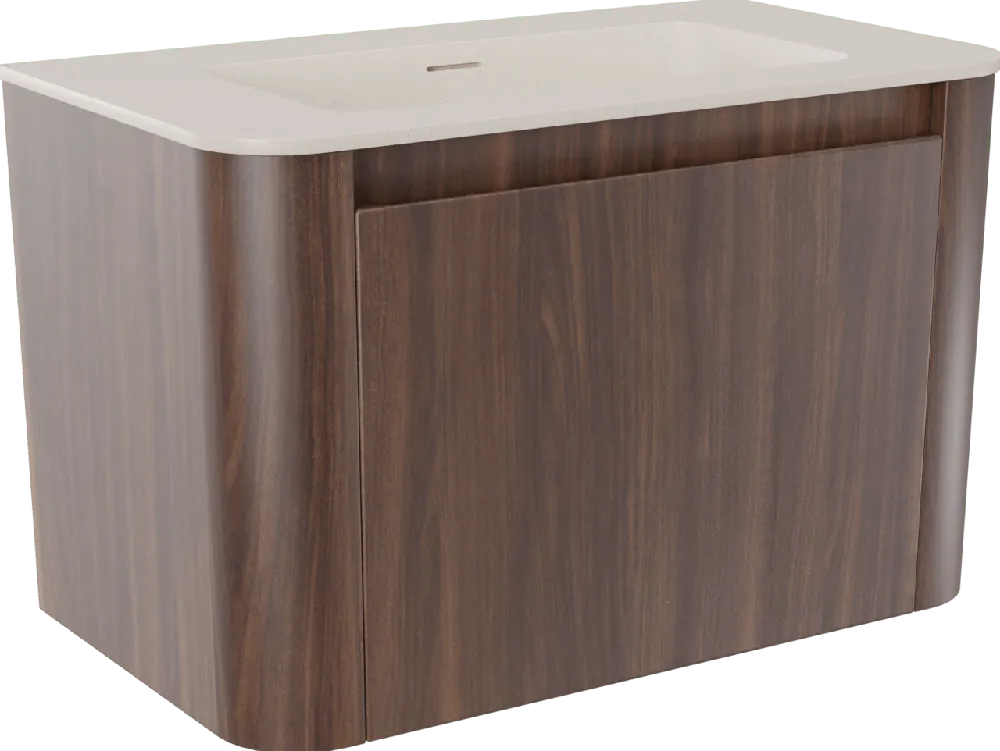 Storke Soft meuble salle de bains suspendu 80 x 46 cm noyer avec Mata Soft plan simple en Solid Surface beige granite