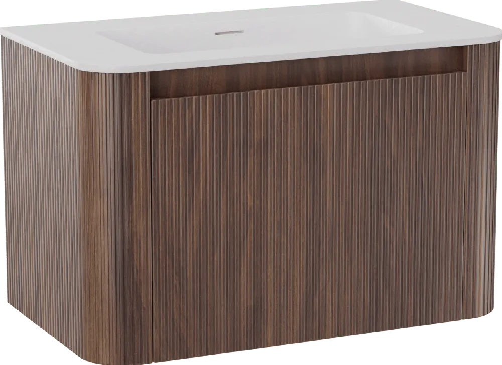 Storke Soft meuble salle de bains suspendu 80 x 46 cm noyer avec Mata Soft plan simple en Solid Surface blanc mat, Nervure droite symétrique verticale