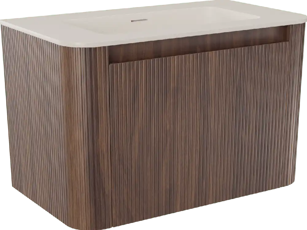 Storke Soft meuble salle de bains suspendu 80 x 46 cm noyer avec Mata Soft plan simple en Solid Surface beige granite, Nervure droite symétrique verticale