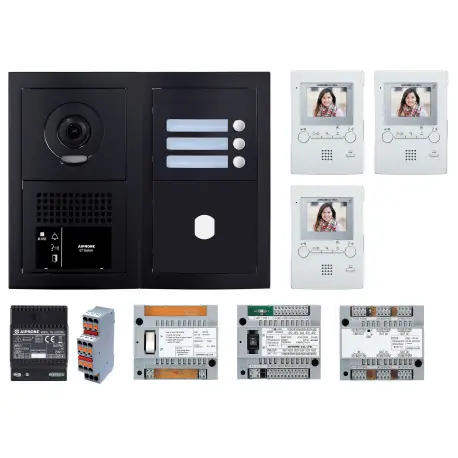 Pack GT vidéo 3 BP programmé avec platine façade noire satin 200455 - AIPHONE GTBV3EB