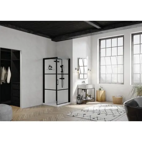 Cabine de douche Brooklyn noir pvt 90x90 verre sérigraphié 2 bandes - KINEDO CA260N2BHE